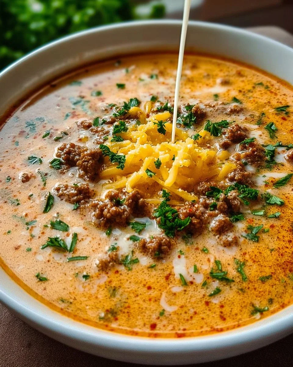 Käsesuppe mit Hackfleisch in einer Schüssel, garniert mit frischem Schnittlauch.