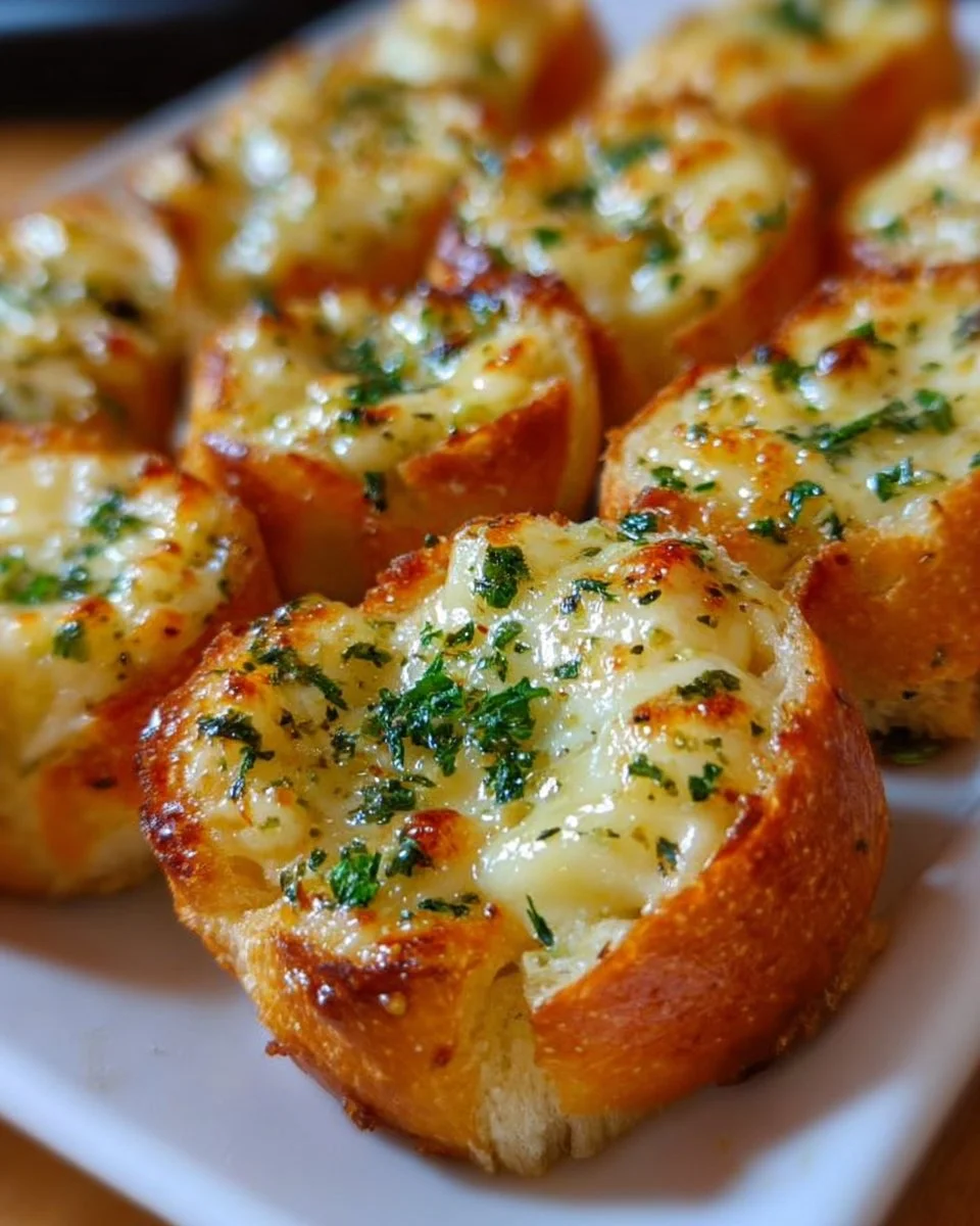 Leckere Knoblauch-Käse-Häppchen auf einem Tisch serviert