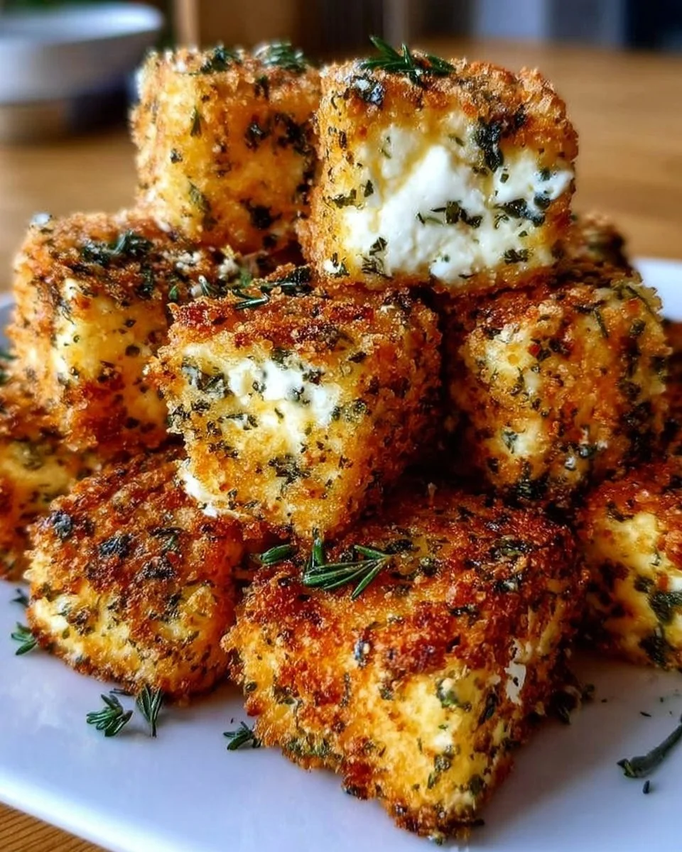 Knusprige Kräuter-Feta-Würfel auf einem Holzbrett serviert