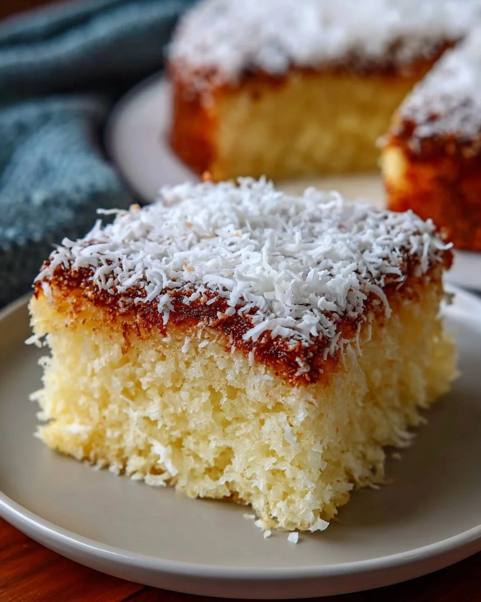 Saftiger Kokos-Kuchen auf einem Teller, mit Kokosraspeln dekoriert.