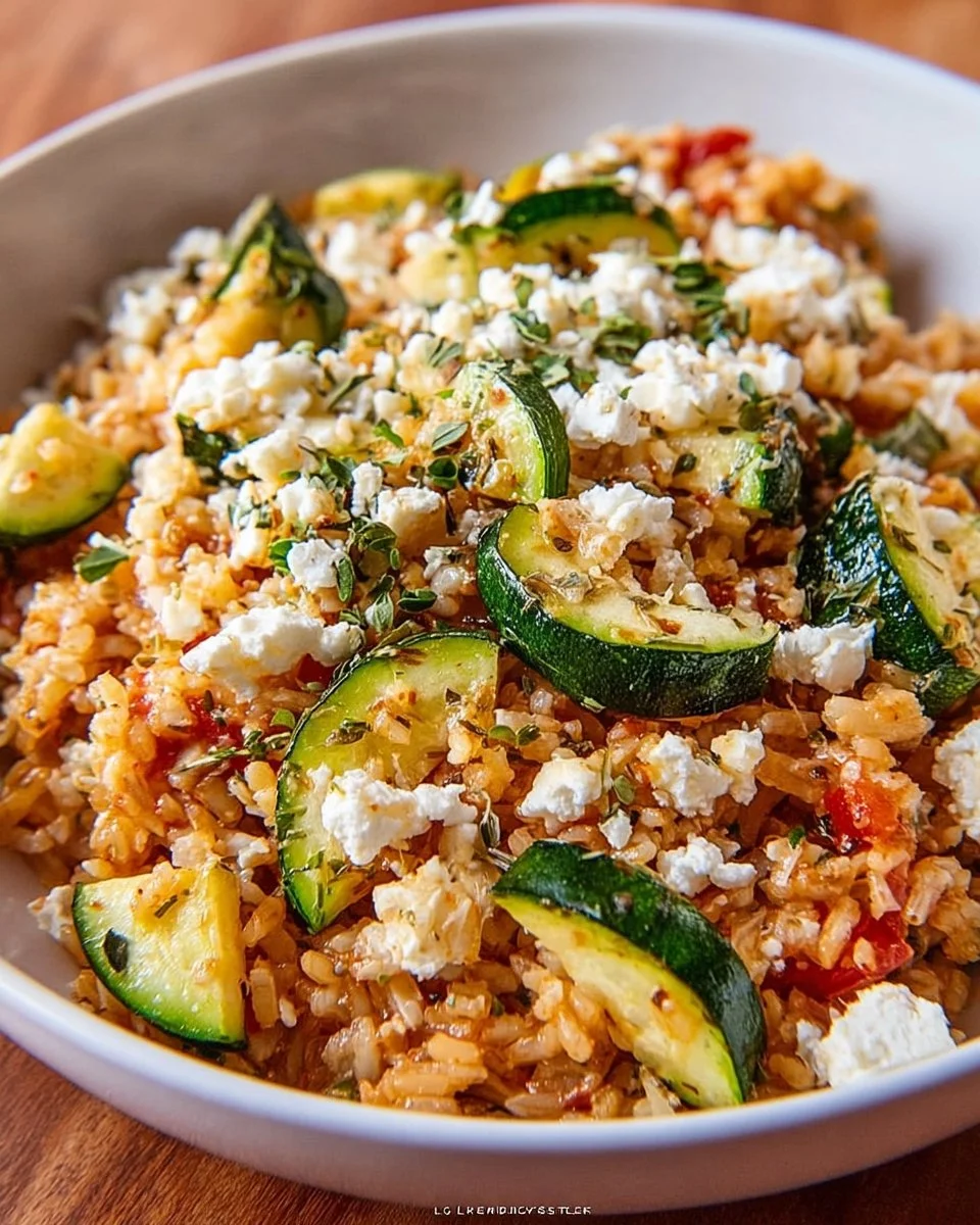 Mediterrane Zucchini-Reis-Pfanne mit Feta in einer Pfanne serviert.