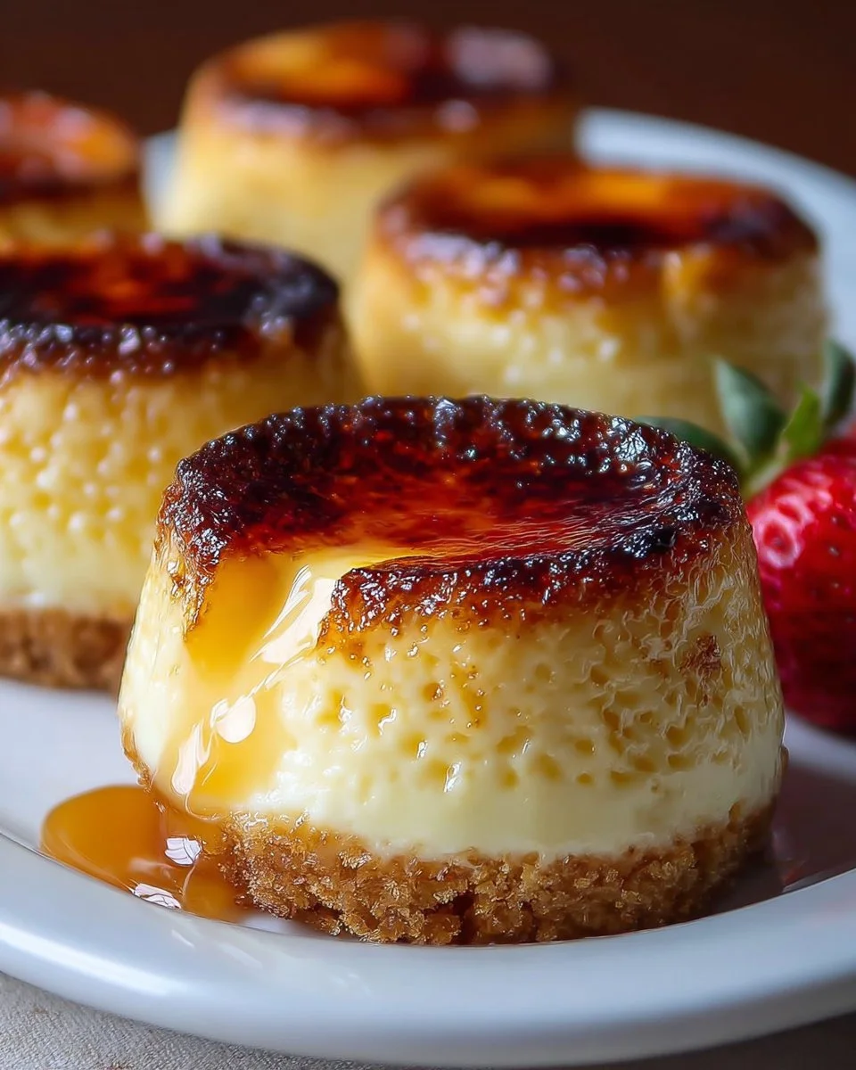 Mini Crème Brûlée Cheesecakes auf einem Teller serviert