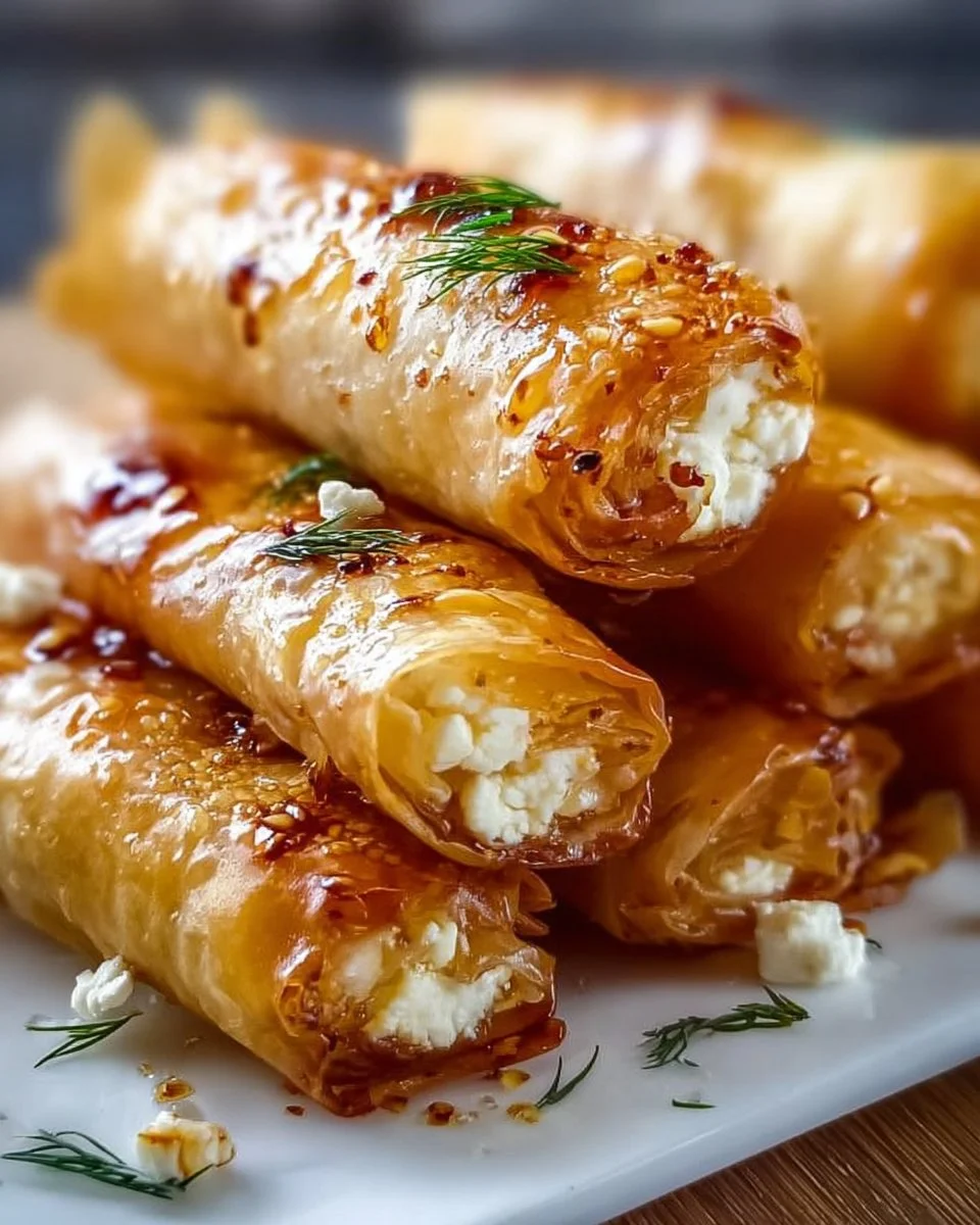 Ofen-frittierte Feta-Rollen mit Chili-Honig auf einem Teller serviert