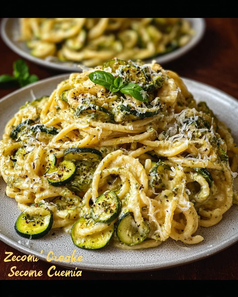 Pasta in cremiger Zucchini-Sauce serviert auf einem Teller
