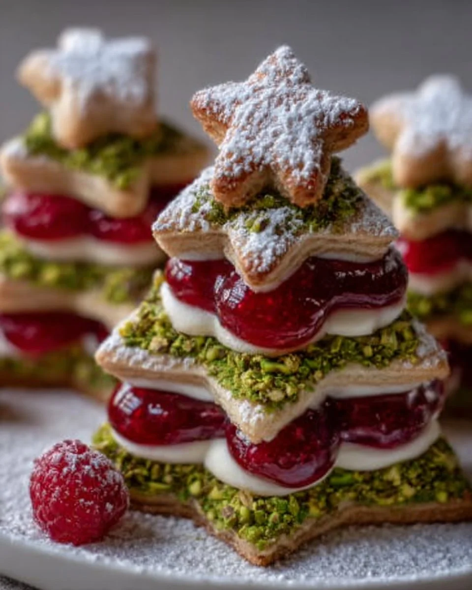 Pistazien Weihnachtsbaum mit Himbeerfüllung, weihnachtliches Dessert.