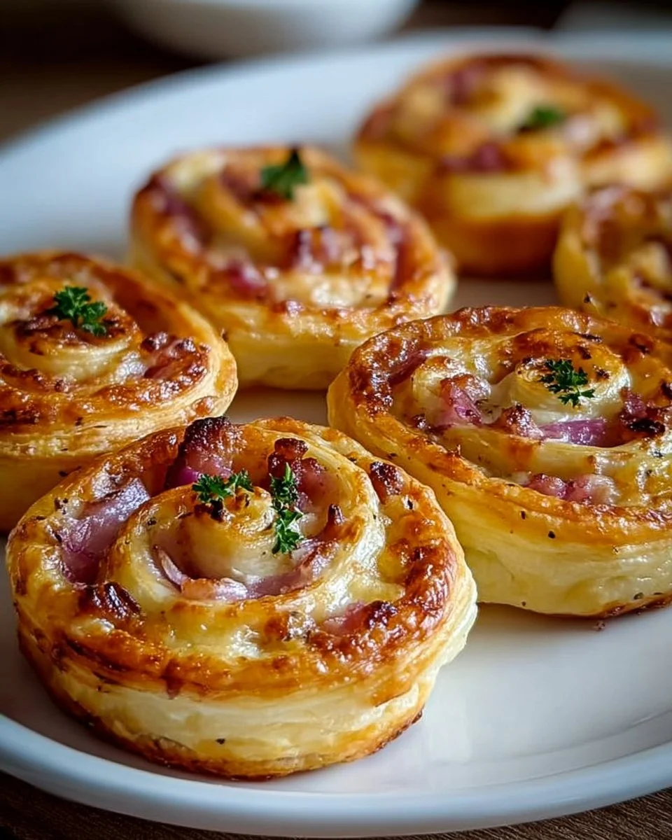 Puff Pastry Spirals mit Crème Fraîche und Bacon auf einem Teller