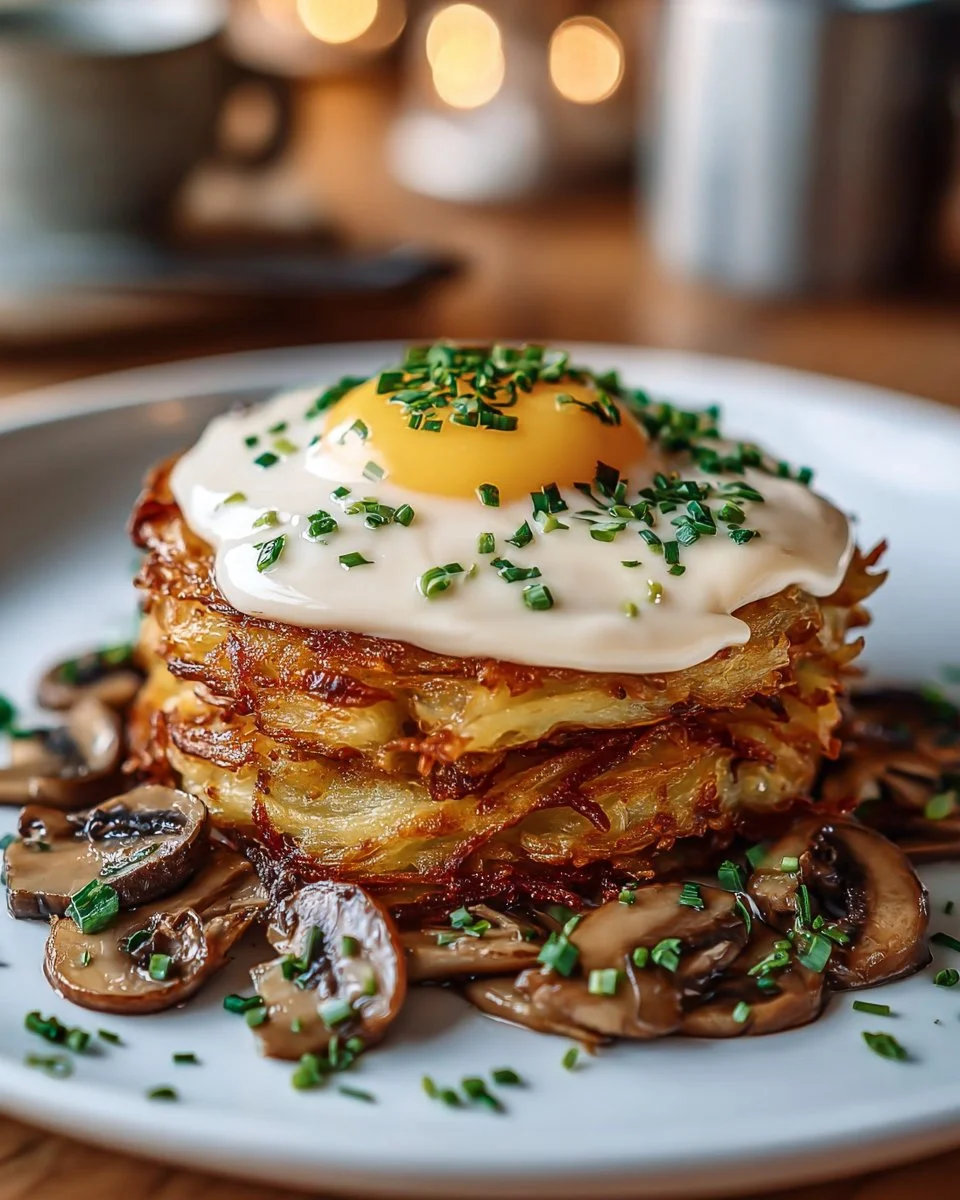 Rösti mit Mozzarella und cremiger Champignon-Sauce auf einem Teller angerichtet.