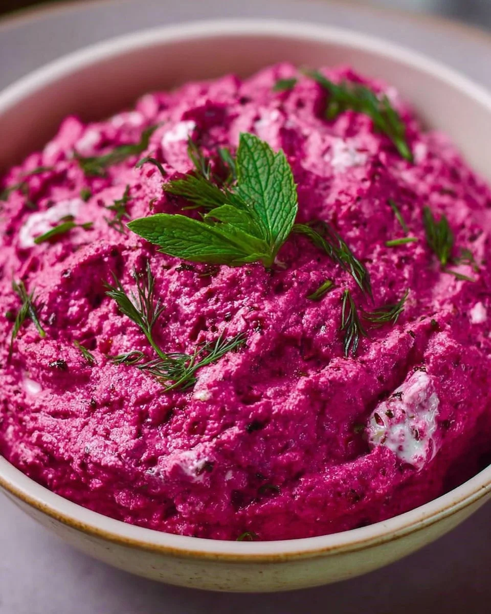 Rote-Bete-Dip in einer Schale, serviert mit Rohkost