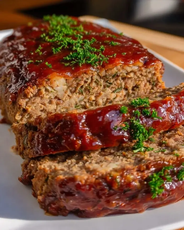 Saftiger Hackbraten aus dem Ofen auf einem Teller mit Beilagen
