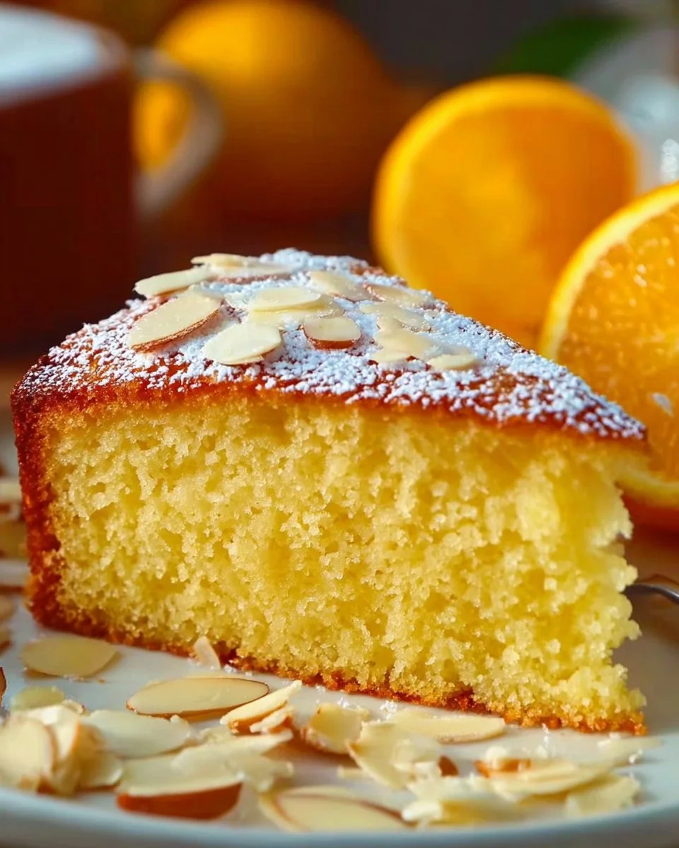 Saftiger spanischer Orangenkuchen ohne Mehl auf einem Teller
