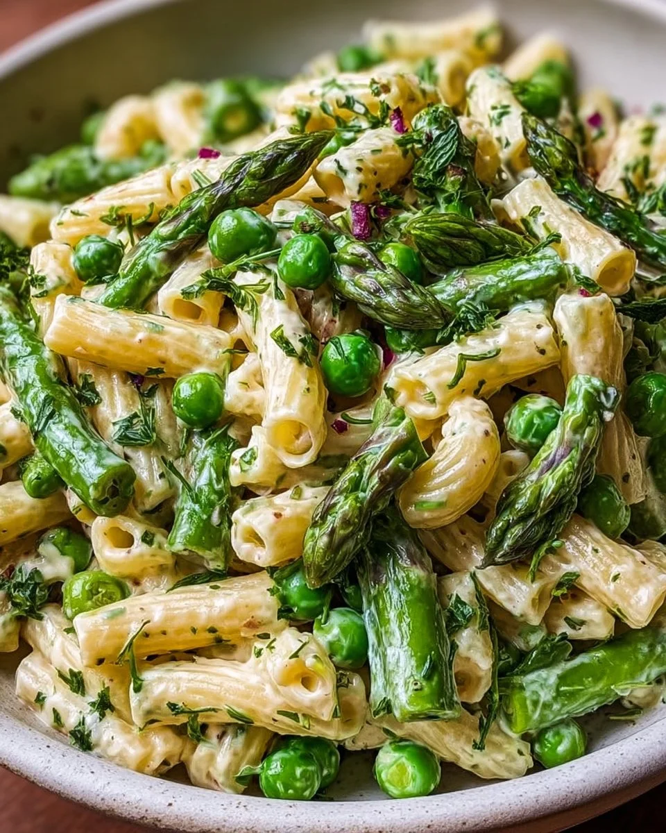 Spargel-Erbsen-Nudelsalat mit frischen Zutaten in einer großen Schüssel