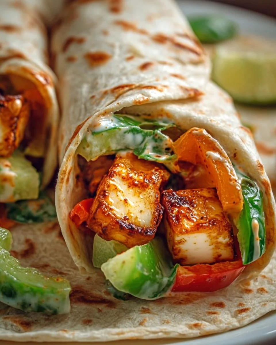 Schmackhafte süße Chili-Halloumi-Wraps auf einem Teller serviert