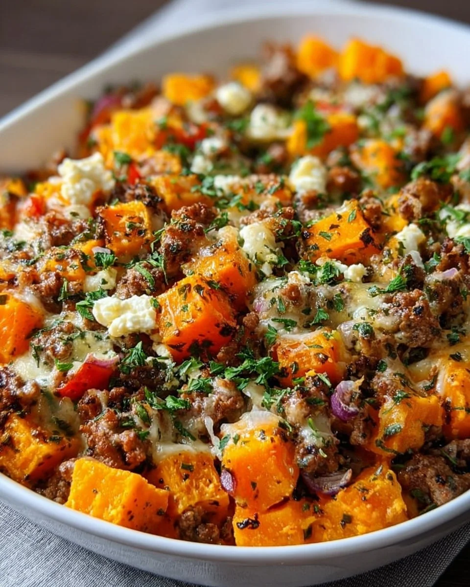Leckere Süßkartoffel-Minzauflauf mit Feta als festliche Beilage.