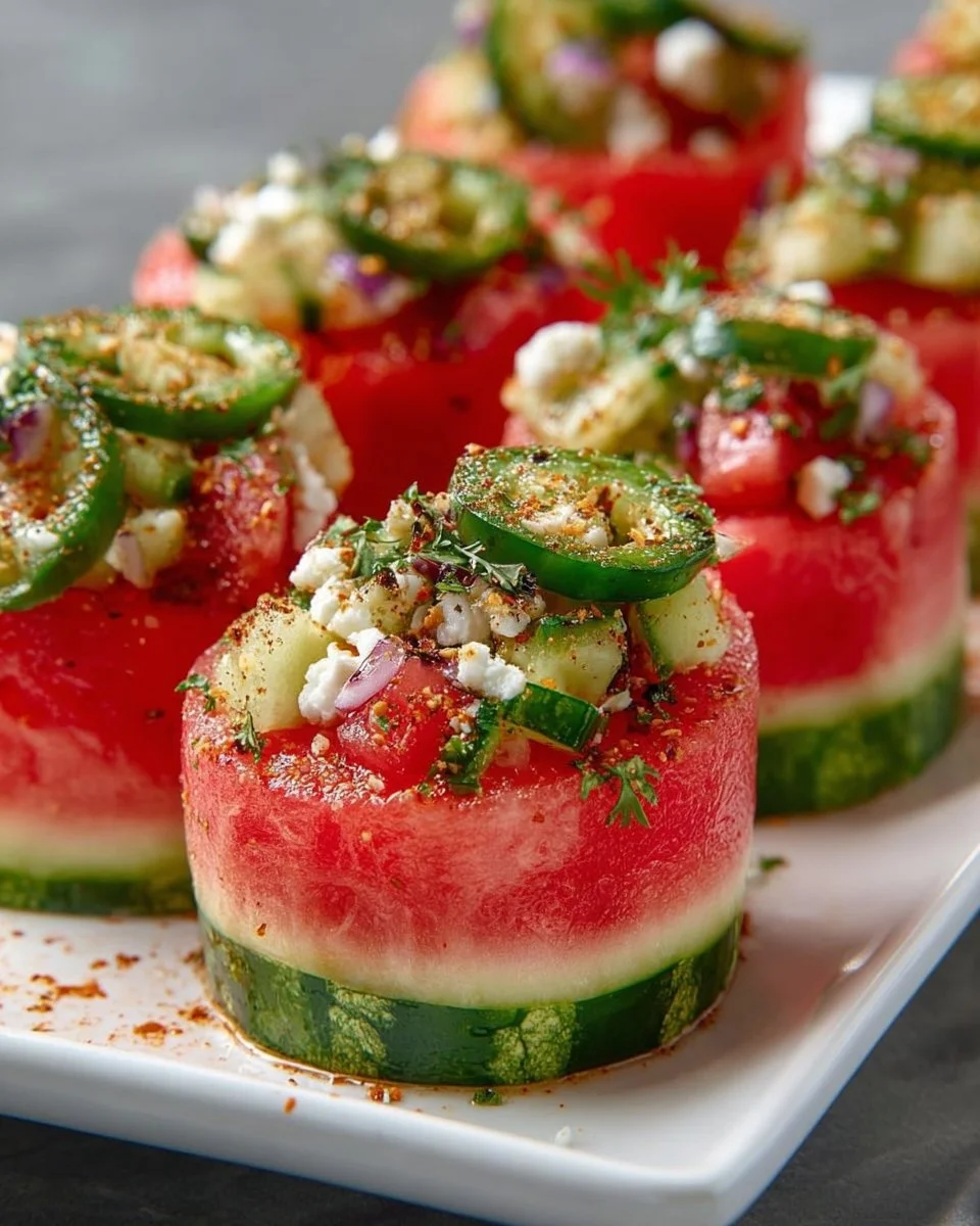 Wassermelonen Tajín Gurken Crunch Becher mit frischen Zutaten und Gewürzen