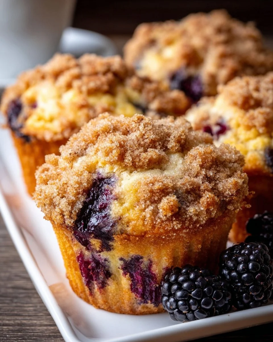 Weiche Brombeermuffins mit köstlichen Streuseln auf einem Teller