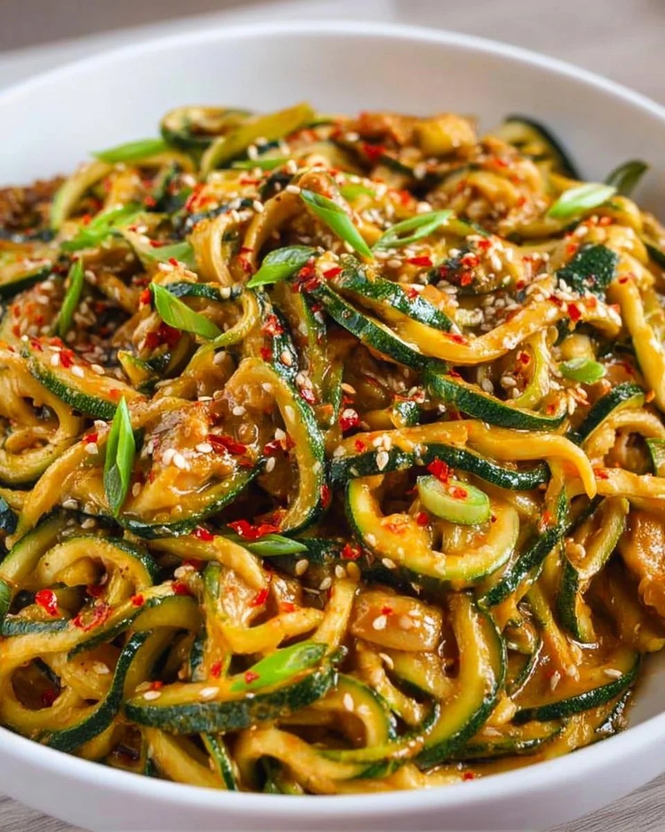 Würzige Knoblauch-Chinesische Zucchini-Nudeln auf einem Teller