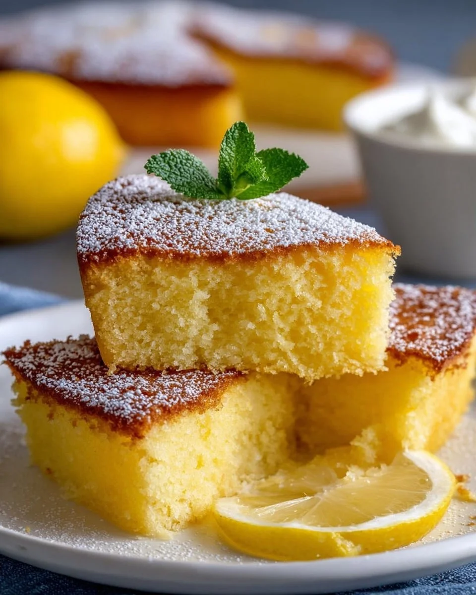 Saftiger Zitronenkuchen auf einem Teller, dekoriert mit Zuckerguss und Zitronenscheiben.