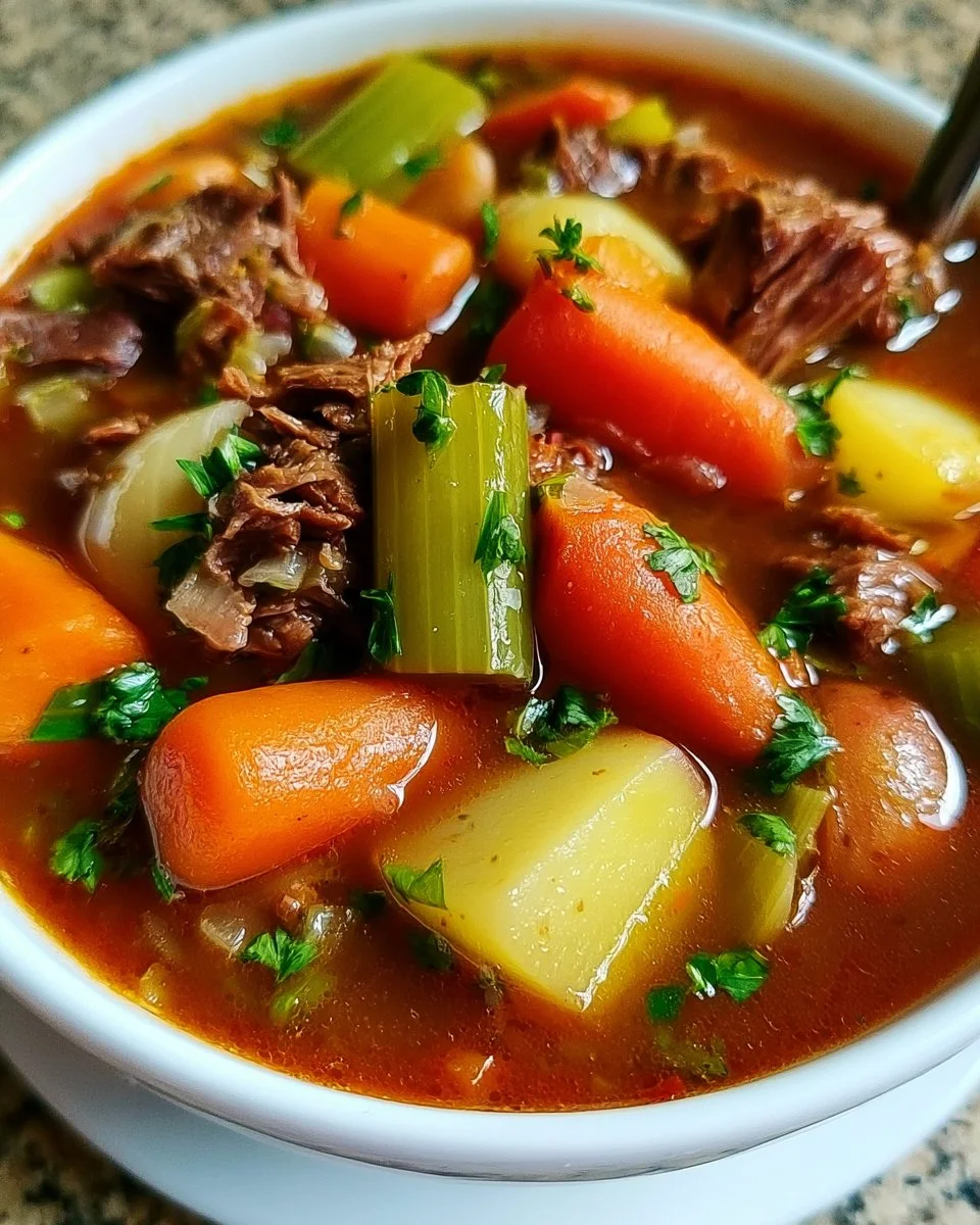 Köstliche altmodische Rindfleischgemüsesuppe mit frischem Gemüse und saftigen Fleischstücken.