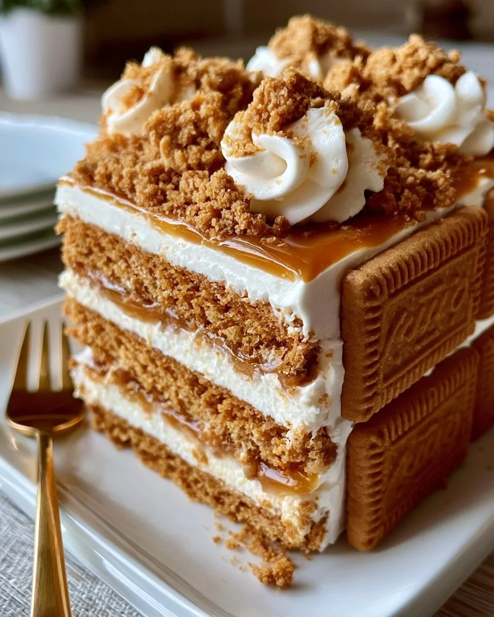 Biscoff-Milchkuchen mit Karamell und Biscoff-Keksen dekoriert
