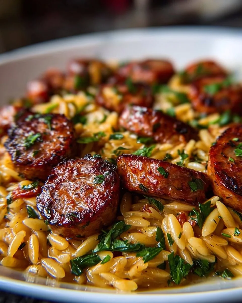 Cajun-Wurst mit Orzo, serviert mit frischen Kräutern und Gewürzen