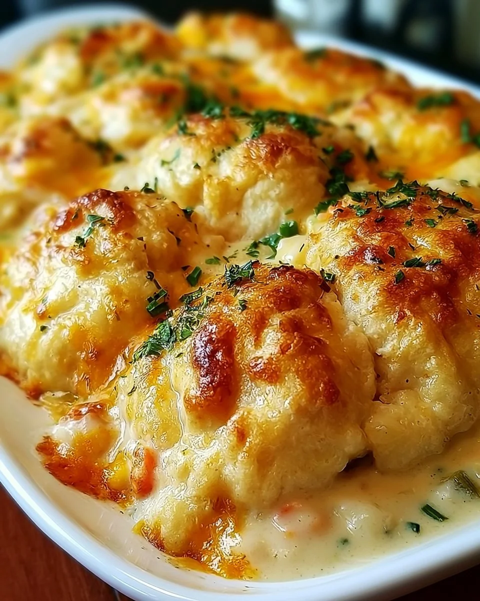 Cheddar-Bay-Hühnchen-Kobbler mit Käse und Hühnchen in einer appetitlichen Auflaufform.