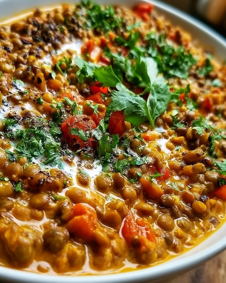 Schüssel mit cremigen Linsen, frisch zubereitet und serviert.