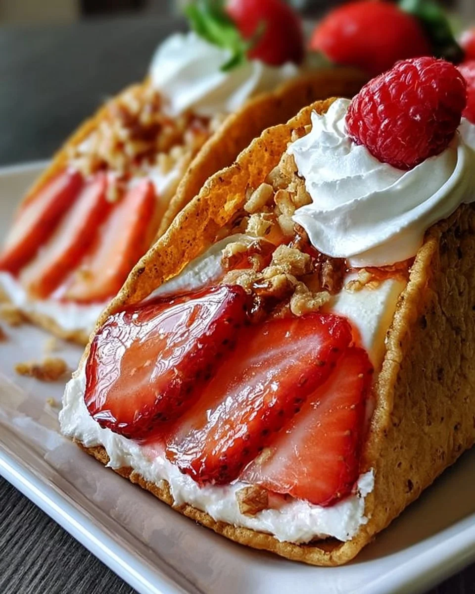 Crunch Käsekuchen Tacos auf einem Teller serviert, verziert mit Früchten und Schokolade.