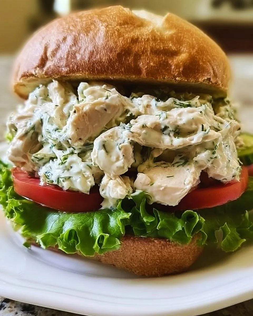 Leckeres Dill-Hähnchensalat-Sandwich mit frischen Zutaten