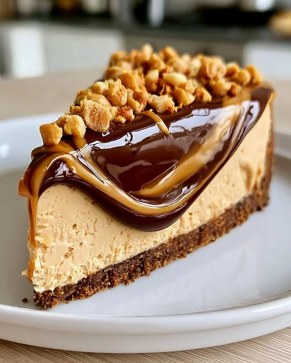 Leckerer Erdnussbutter-Käsekuchen mit Toppings auf einem weißen Teller