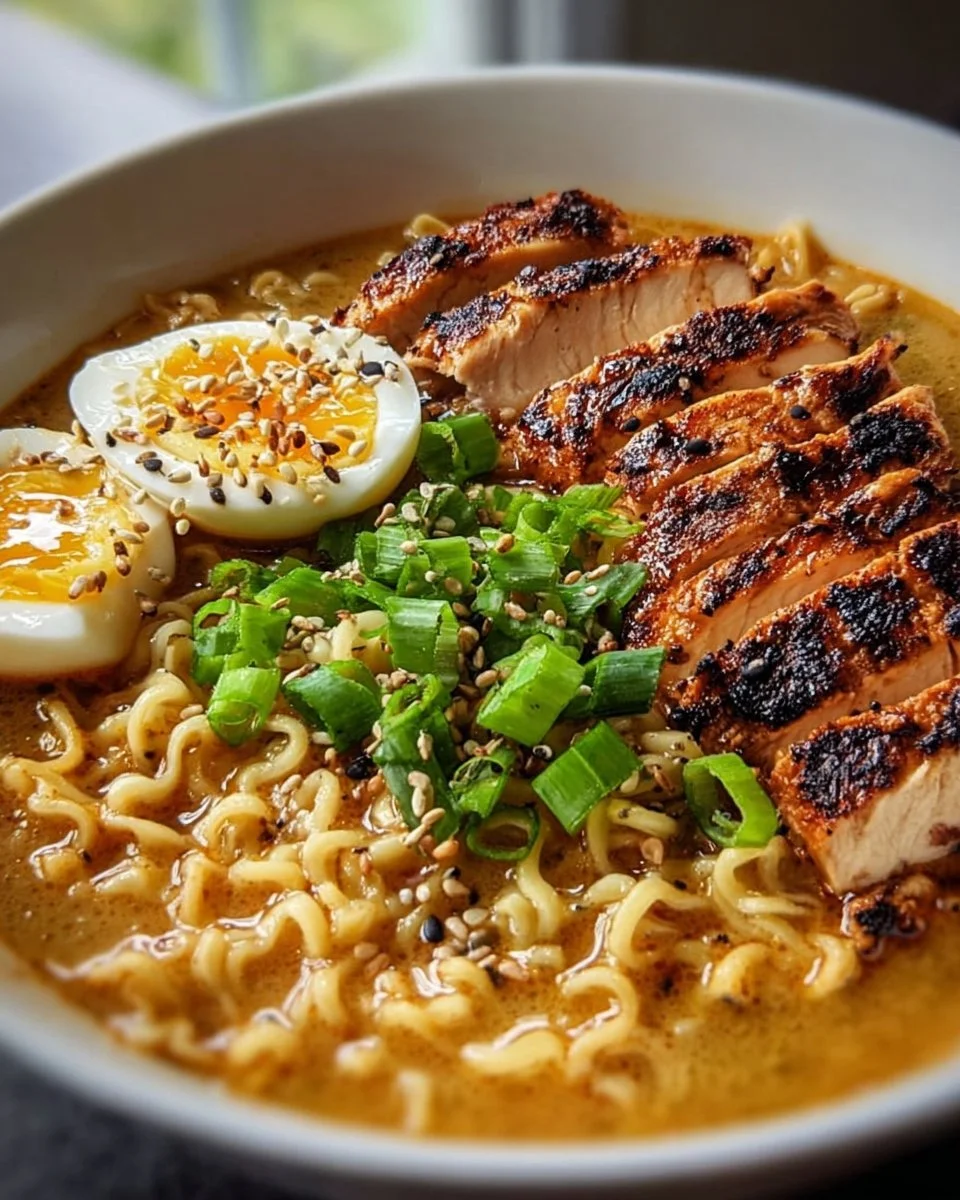 Feuriges Hähnchen-Ramen in einer Schüssel mit frischen Zutaten