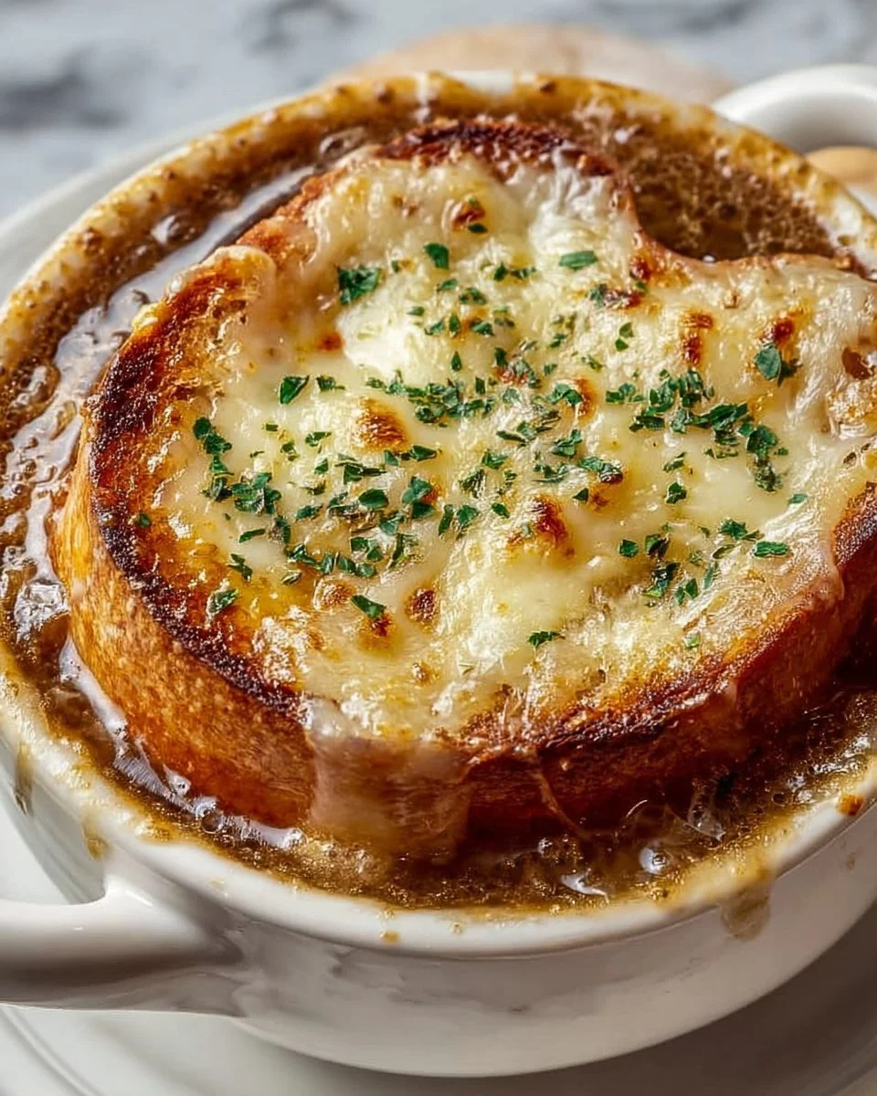 Schale mit traditioneller französischer Zwiebelsuppe, garniert mit Käse