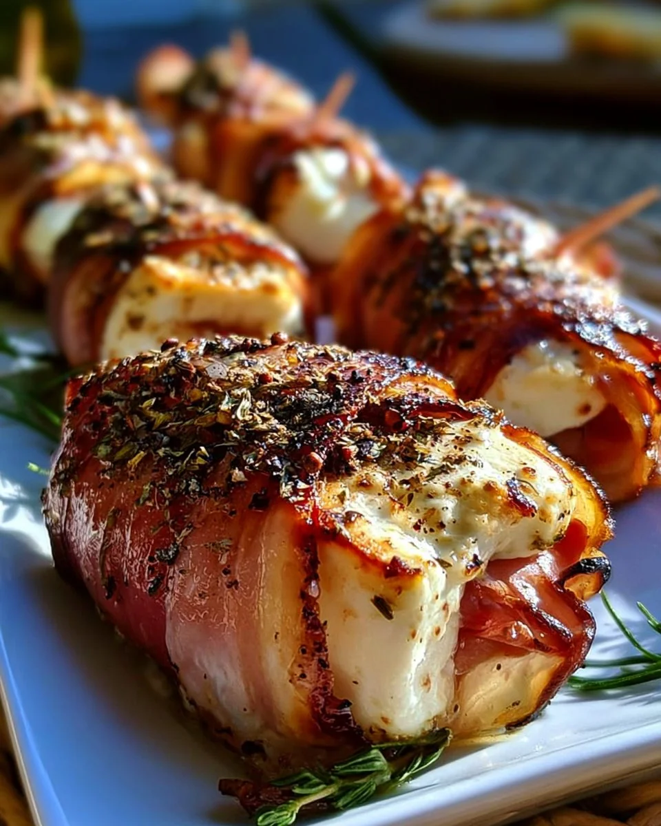 Gegrillte Feta-Schinkenröllchen auf einem Grill serviert