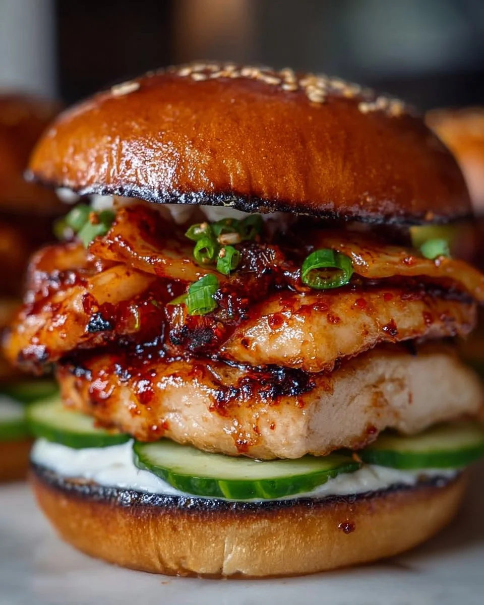 Gochujang-Hühnchenburger mit würziger Sauce und frischen Zutaten