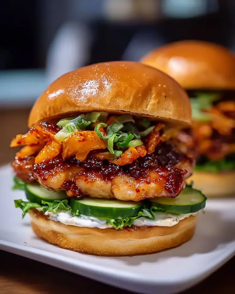 Gochujang Hühnchenburger mit Kimchi Bacon Marmelade auf einem Teller