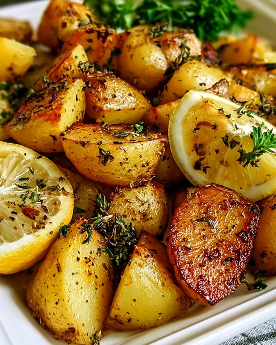 Griechische Zitronenkartoffeln angerichtet mit frischen Kräutern