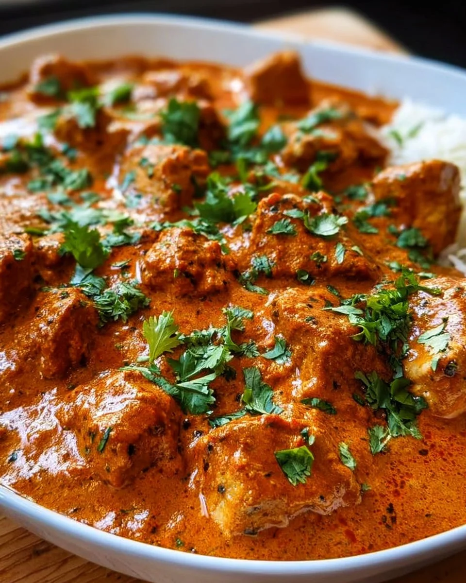 Hähnchen Tikka Masala mit frischen Gewüren in einem bunten Teller serviert
