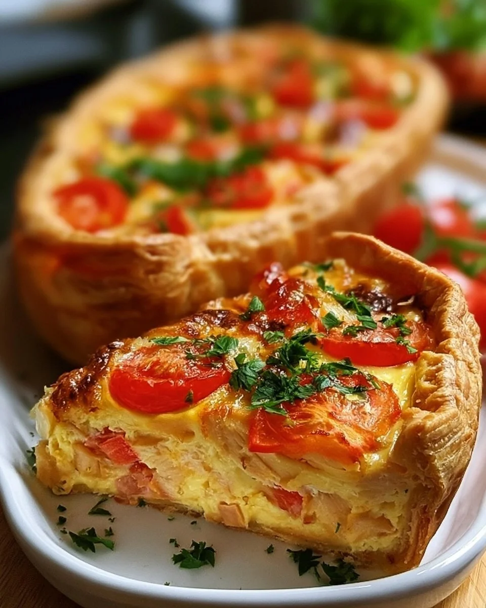 Hähnchen-Tomaten-Quiche mit frischen Zutaten auf einem Teller serviert