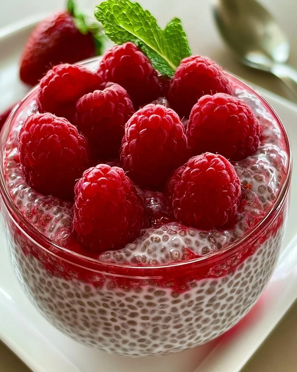 Himbeer-Chia-Pudding in einer Schüssel mit frischen Himbeeren garniert