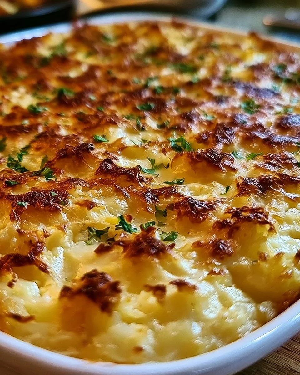 Leckerer Hüttenkäse-Kartoffel-Rösti-Auflauf auf einem Holzbrett serviert.