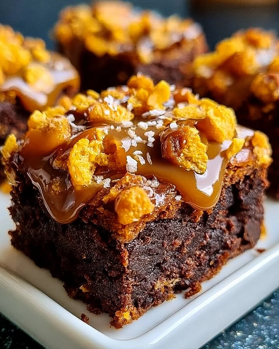 Karamell-Maisflocken-Brownies auf einem Teller, reichhaltig und schokoladig.