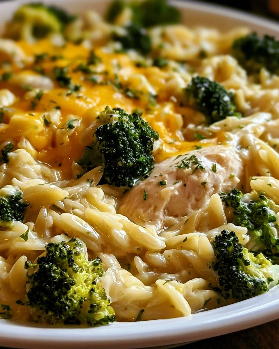 Käse-Hühnchen-Brokkoli-Orzo Gericht auf einem Teller serviert
