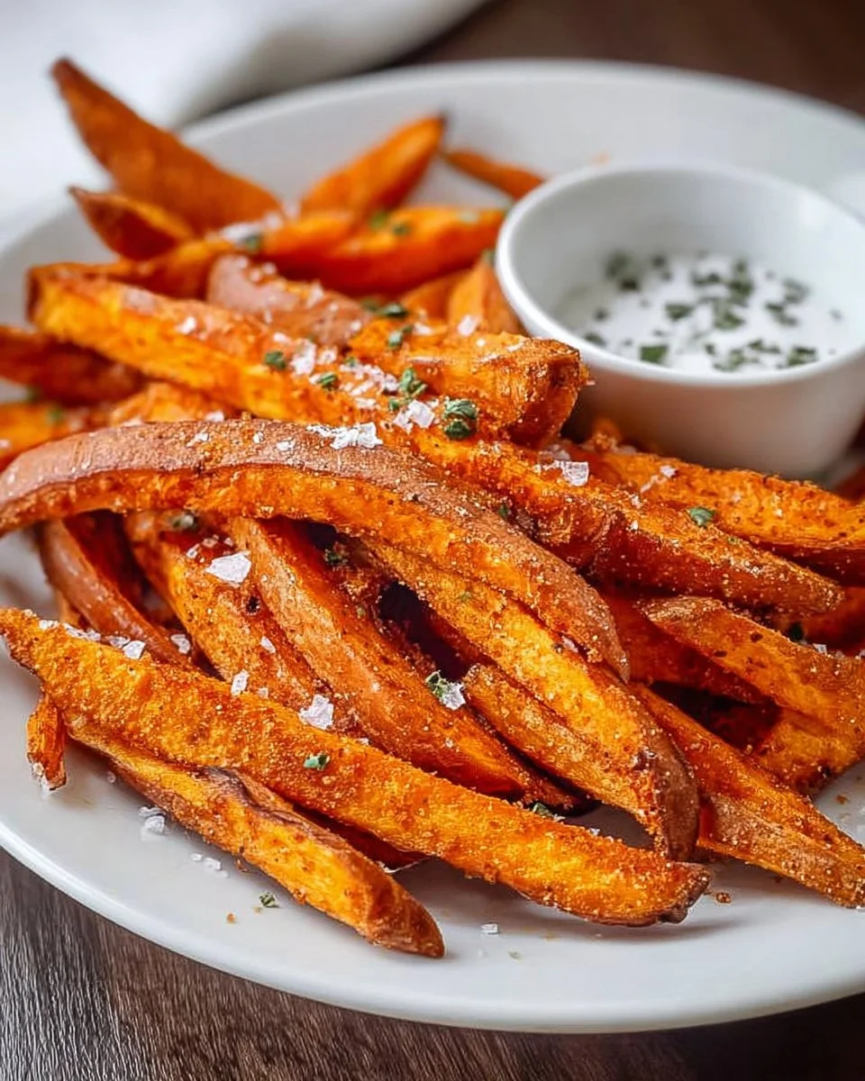 Knusprige gebackene Süßkartoffel-Pommes auf einem weißen Teller