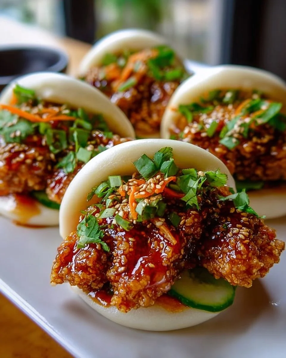 Knusprige koreanische frittierte Hühnchen-Bao-Brötchen auf einem Teller angerichtet