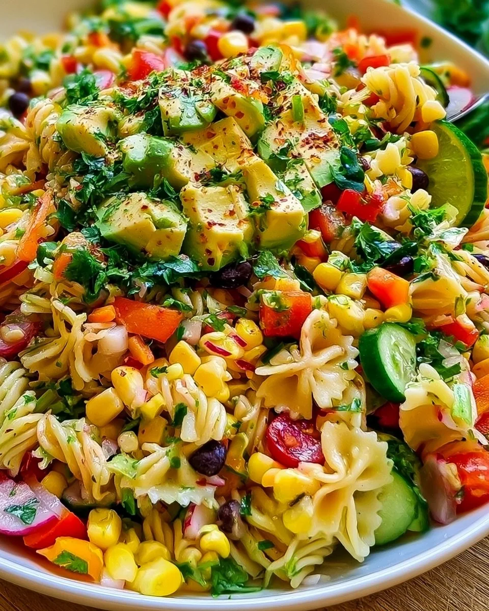 Koriander-Limetten-Pasta-Salat mit frischen Zutaten und Aromen.