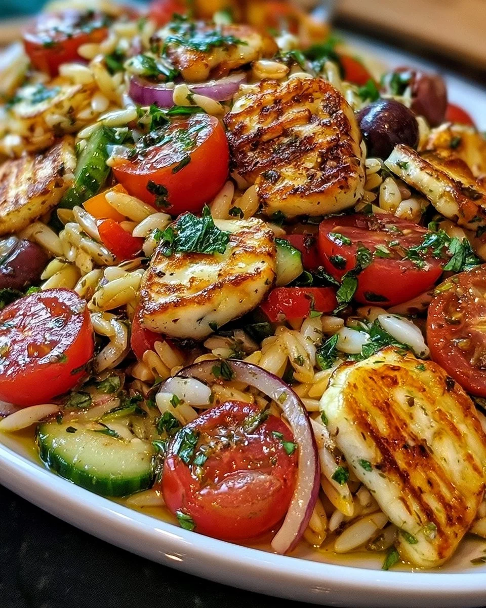 Kritharaki-Salat mit Halloumi auf einem Teller serviert