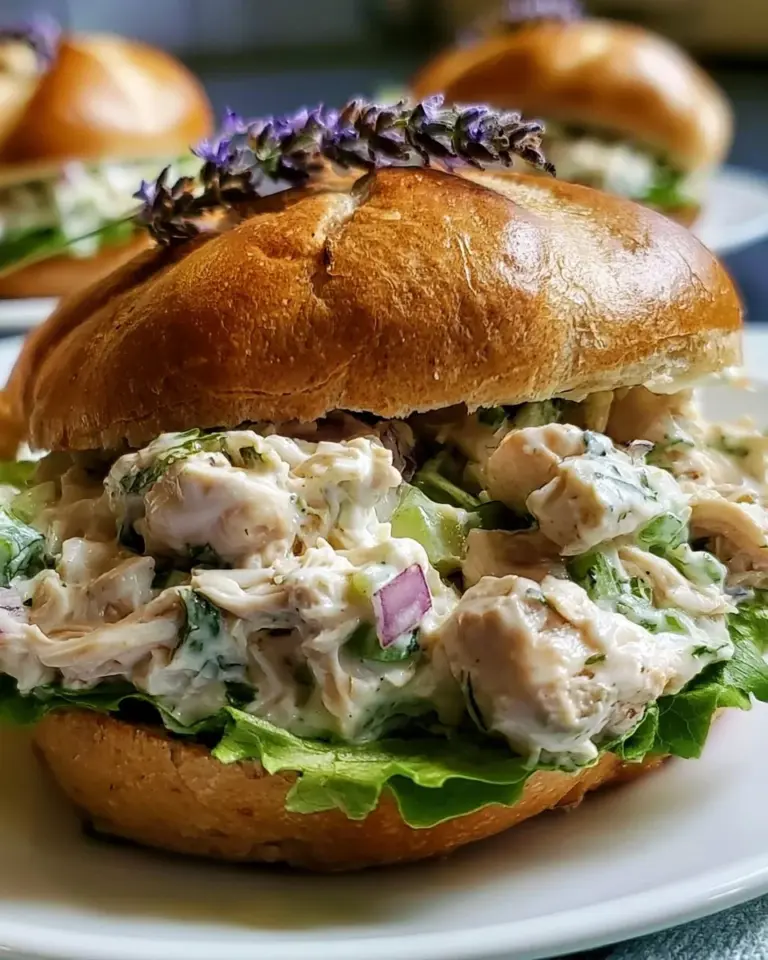 Lavendel-Hühnchen-Salat im Sandwich, lecker und frisch zubereitet.