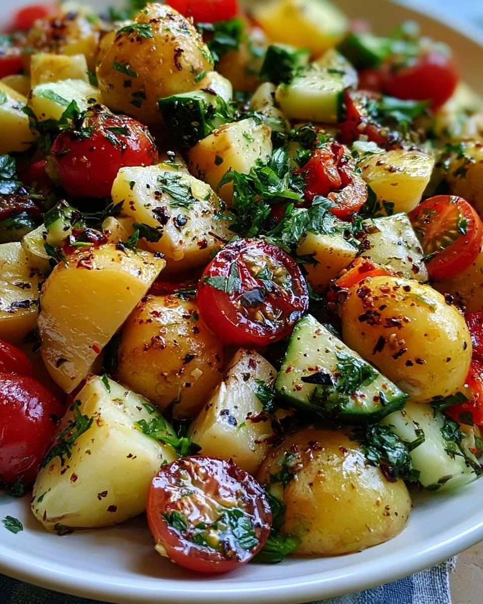 Mediterraner Kartoffelsalat mit frischen Zutaten und Kräutern