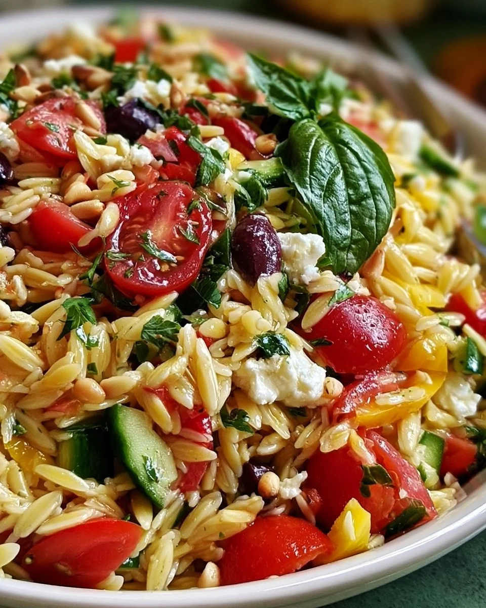 Mediterraner Orzo-Nudelsalat mit frischem Gemüse und Kräutern