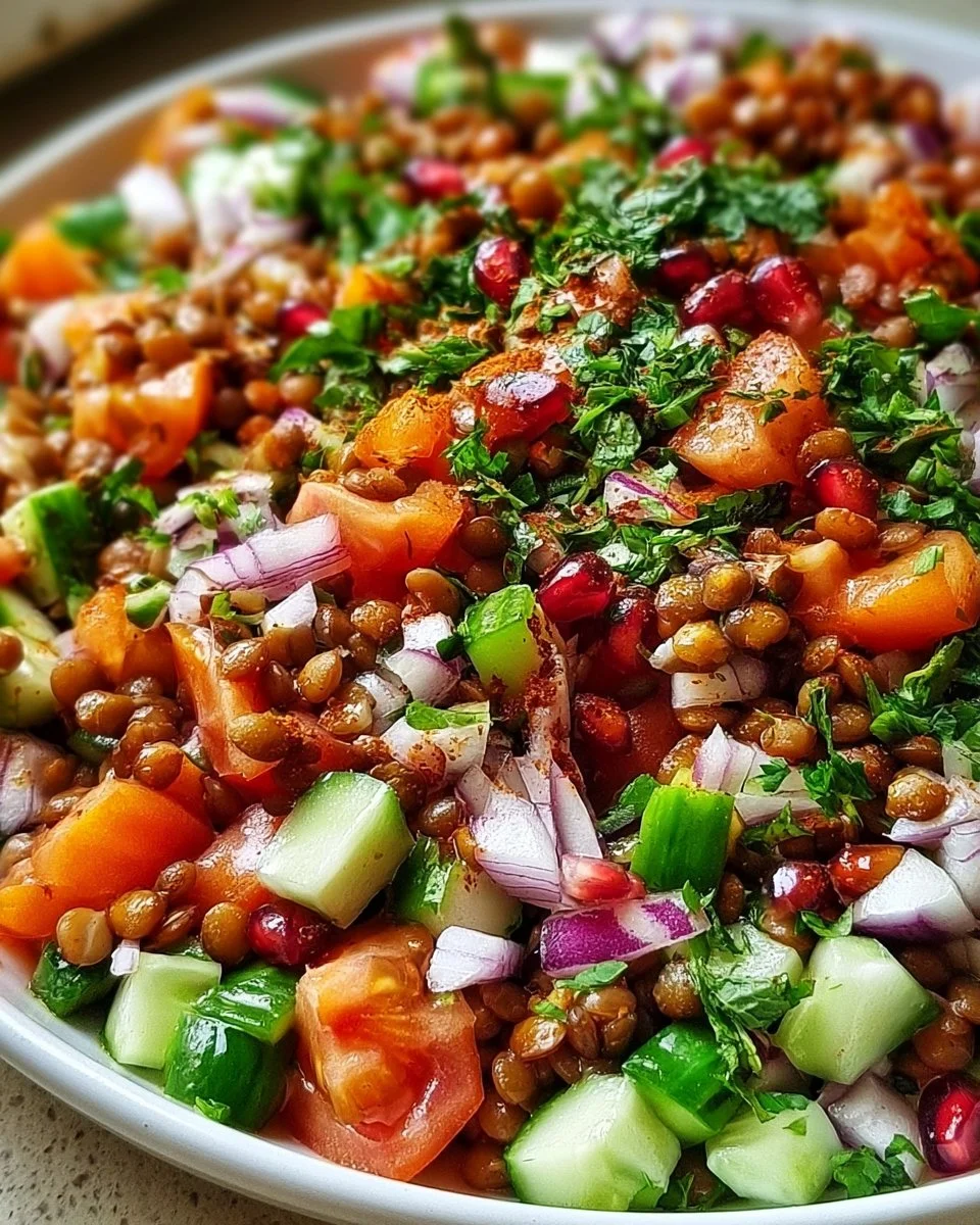 Orientalischer Linsensalat mit frischen Zutaten und Gewürzen