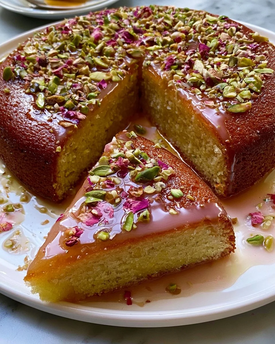 Persian Love Cake mit Mandeln, Rose und Gewürzen auf einem eleganten Teller.